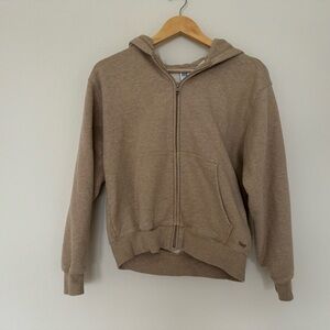 Aritzia TNA Cozy Fleece Perfect Zip Hoodie, Small in Heather Hummus Beige